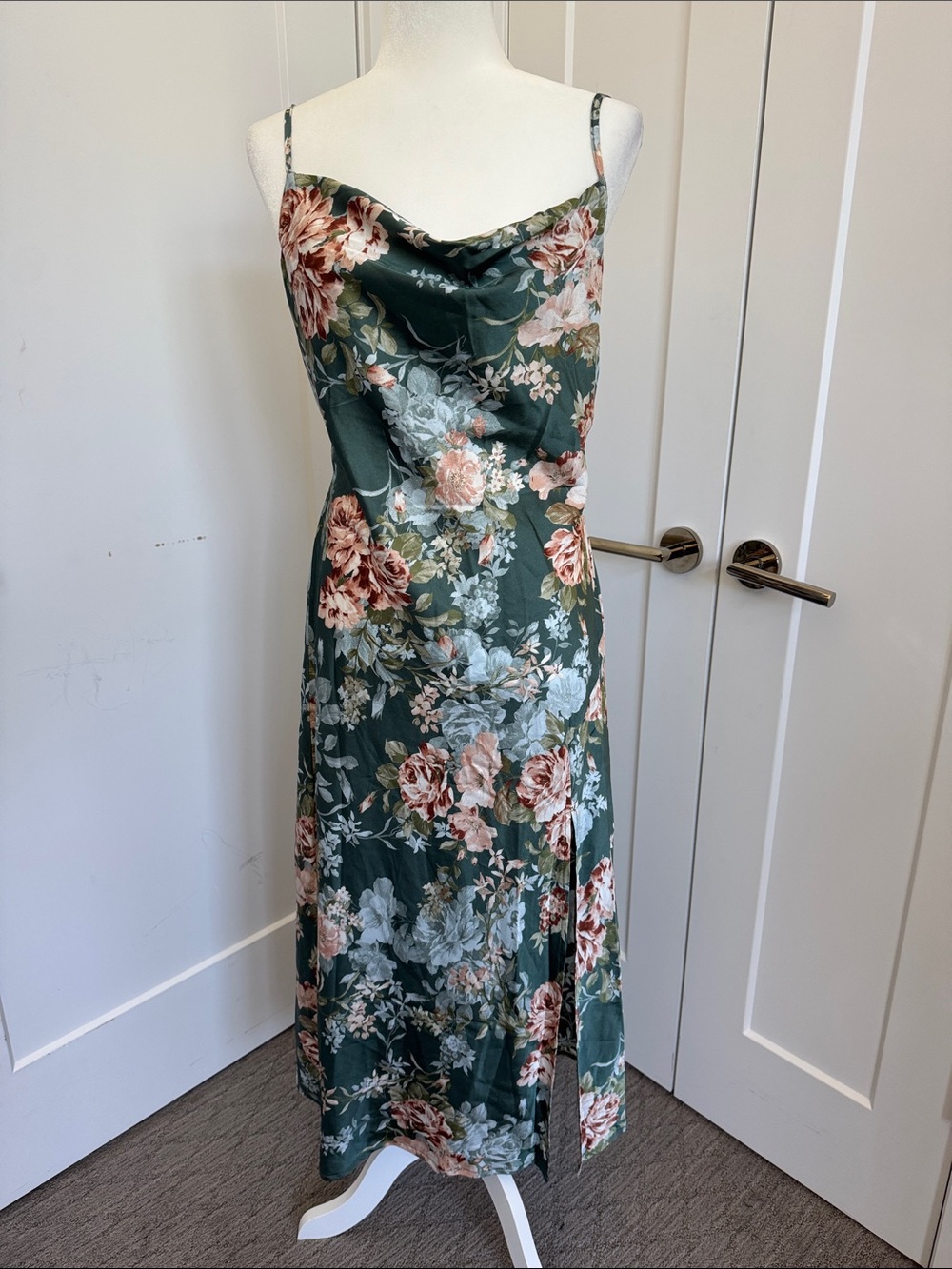 Petal & Pup Forest Green Floral Satin Cowl Slip Maxi Dress